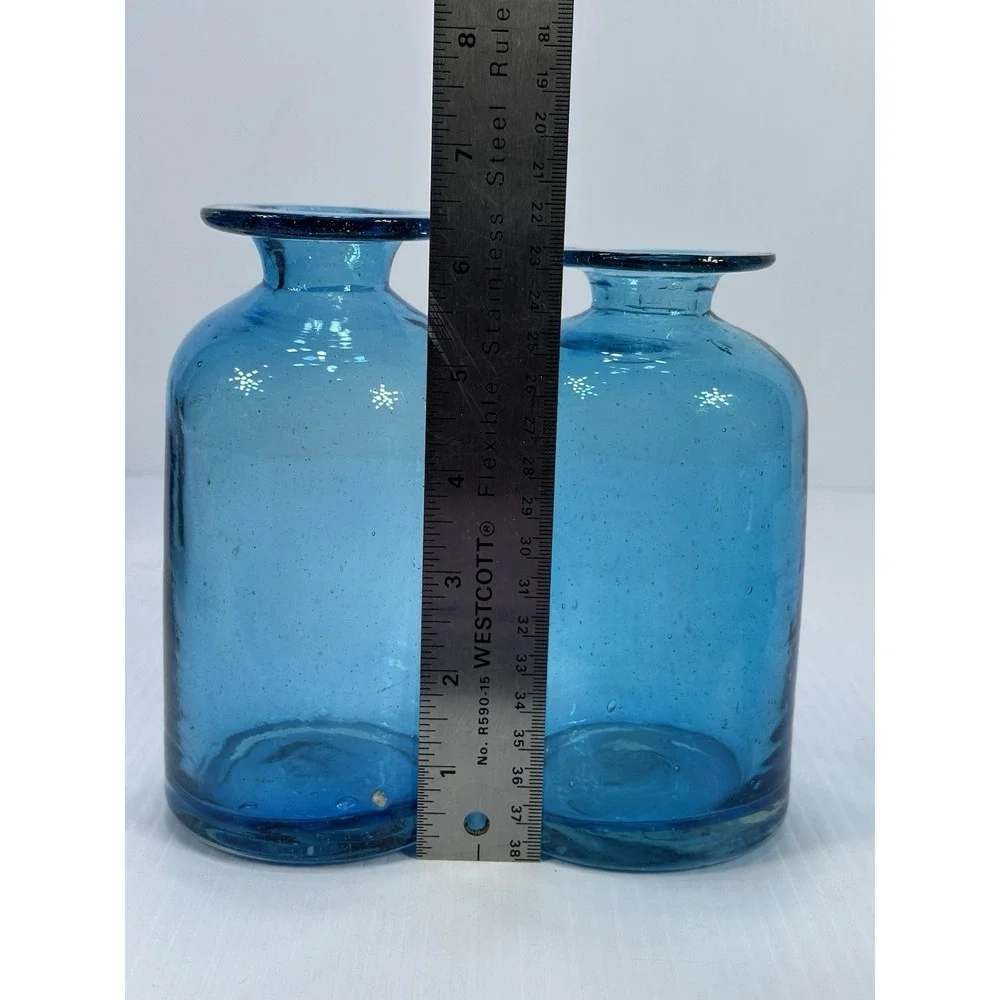 Vintage Hand Blown Blue Glass Vase Made In Mexico Bubbles In The Glass